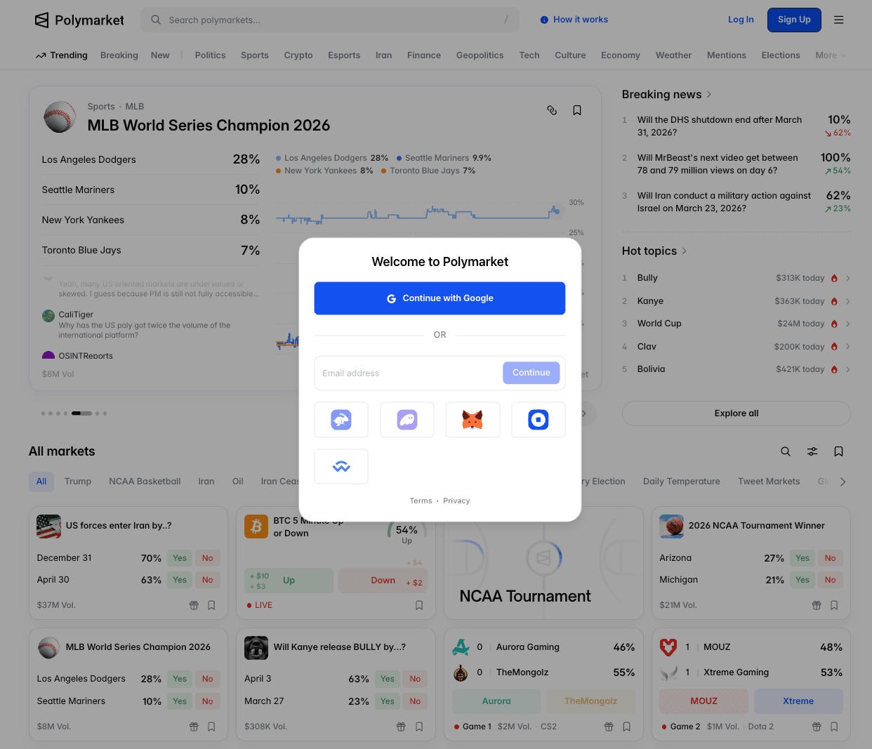 Polymarket sign up modal with Google and email options