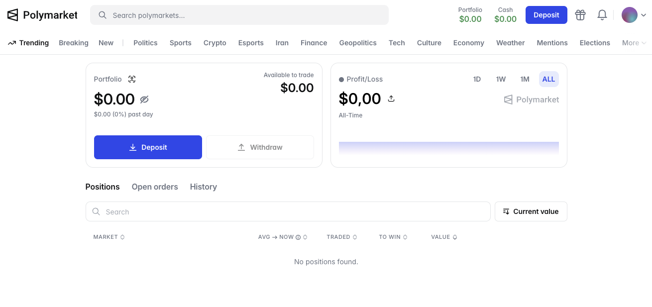 Polymarket deposit button in the header