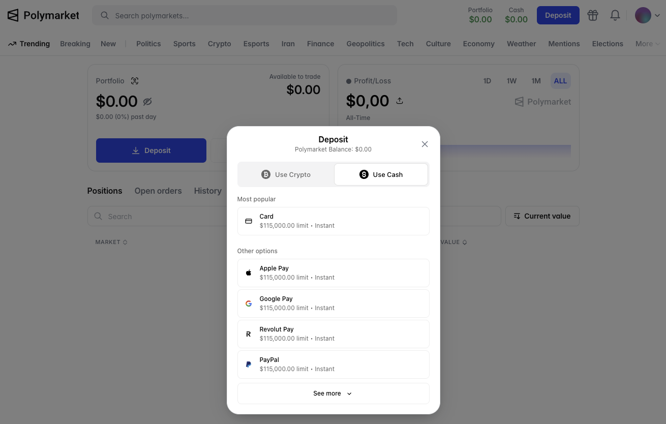 Polymarket deposit cash payment methods including card, Apple Pay, Google Pay