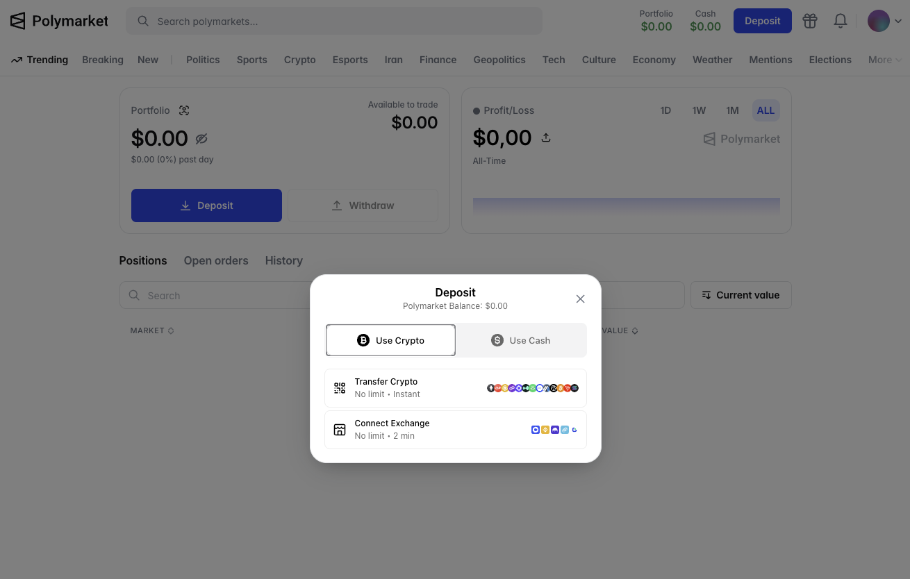 Polymarket deposit crypto options with Transfer Crypto and Connect Exchange